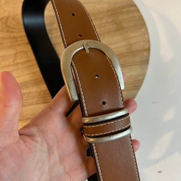 Vintage 90s Tan Vegan Leather Wide Silver Buckle Belt Size XS/S - Picture 3 of 9